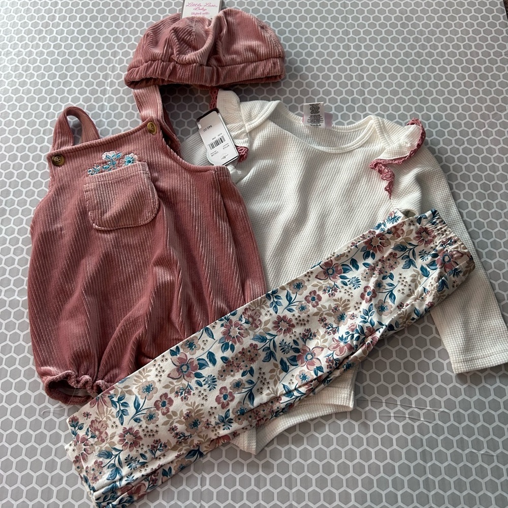 NWT Little Lass Baby Cream and Pink 4 Piece Set with Hat Size 24M